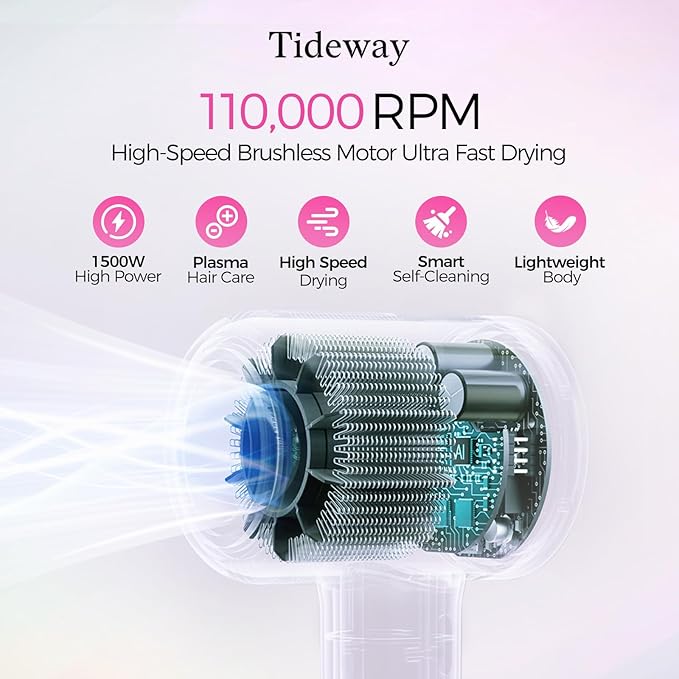 Tideway Hair Dryer Professional High-Speed Ionic Blow Dryer 110000 RPM Compact Hair Dryer with Magnetic Diffuser Fast Drying with Brushless Motor Low Noise Smart Temperature Control-H11