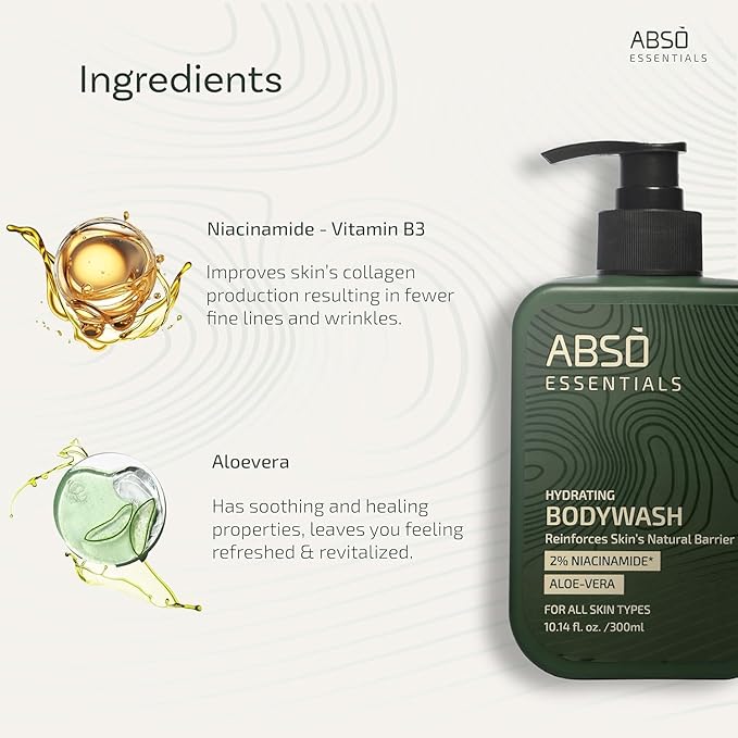 ABSO_ESSENTIALS 2% Niacinamide Hydrating Bodywash With Aloe Vera for Daily Gentle Cleansing Enriched Moisturizing and Reinforcing Skin Barrier| SLS &amp Paraben Free Dermatologically Tested (300 ML)