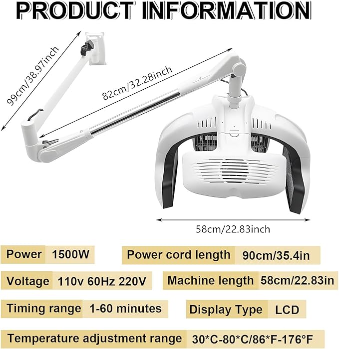Hair Color Processor Wall MountSalon Hair Color Processor Wall Mount/Floor-Standingwith LED Displaywith 5 Heating Discs360° Swivel Adjustable Armfor Drying DyeingPerming Hanging