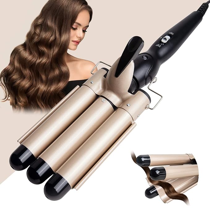 3 Barrel Curling Iron Wand - Dual Voltage Temperature Adjustable 25mm Hair Crimper1 Inch Ceramic Tourmaline Triple BarrelsHair Waving Styling Tools Gold