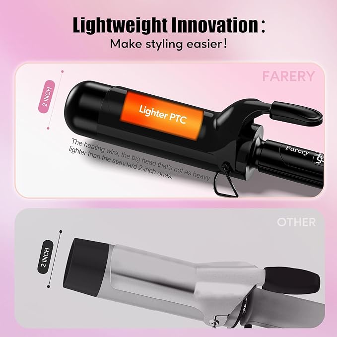 Farery 2 inch Curling Iron For Long Hair Lightweight Large Barrel Curling Iron 2 Inch Ceramic Curling Wand Infused Argan Oil &amp Keratin for Bouncy Big Curls 9 Temps Digital Display &amp Lock Ke