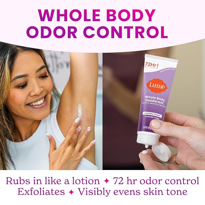 Lume Whole Body Deodorant - Invisible Cream and Solid - 72 Hour Odor Control - Aluminum Free Baking Soda Free Skin Safe - 3.0 Ounce Cream and 2.6 Ounce Solid Bundle (Lavender Sage)