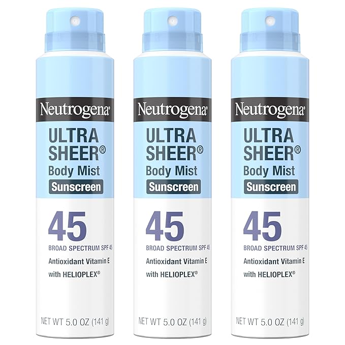 Neutrogena Ultra Sheer Sunscreen Spray SPF 45 Body Mist Lightweight Non-Greasy Broad Spectrum UVA/UVB Protection Oil-Free &amp Non-Comedogenic Water Resistant Spray Sunscreen (80 min) Pack of 3 5