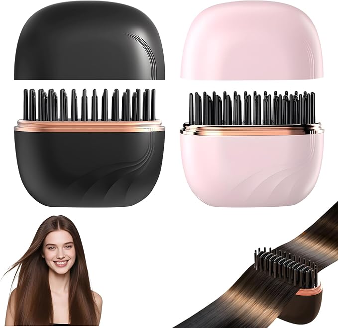 Cordless Mini Hair Straightener Comb Rechargeable Wireless Portable Hair Straightener Brush with 3 Temp Settings Fast Heating Travel Flat Iron Hot Comb for Women Idea for Home Travel (2PCS)