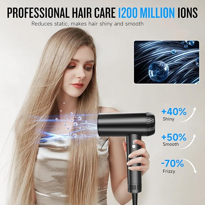 2026 Hair Dryer 200000 RPM Professional High Speed Blow Dryer with Diffuser for Women 1200M Negative Ionic Hair Dryer with Brushless Motor Low Noise Hair Blow Dryer for Home Travel Salon Black