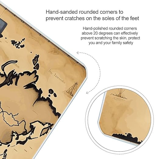 Vintage World Map Scale for Body Weight Anti-Slip Digital Bathroom Scale Sturdy Toughened Glass Weighing Scales High Precision Safe Rounded Corners Smart Scales