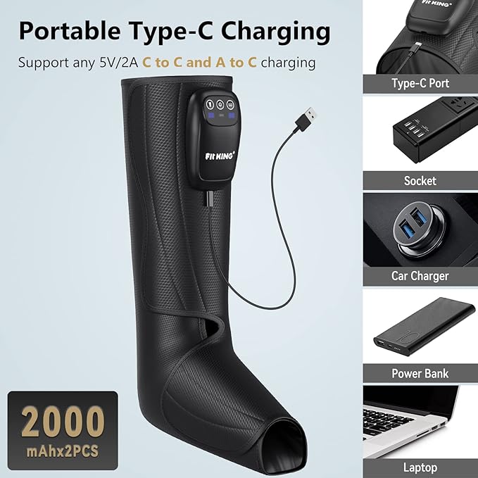 FIT KING Cordless Foot and Leg Massager Rechargeable Foot and Calf Massage Boots Portable Compression Boot for Circulation Pain Relief Recovery After Training Healthy Travel Gift