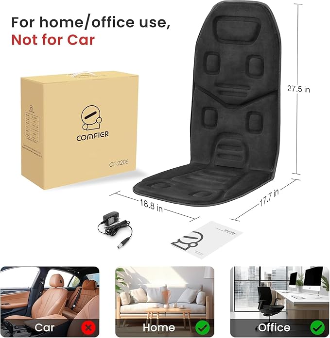 COMFIER Massage Seat Cushion with Heat - 10 Vibration Motors Back Massager for Chair （Vibration Massage Only Not Shiatsu/RollingMassage Chair Pad for Back Ideal Gifts for Men Women (Renew)