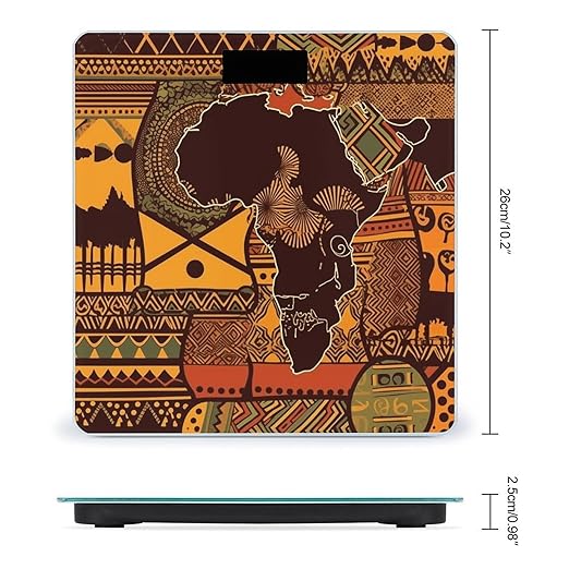 African Map Ethnic Pattern Scale for Body Weight Safe Rounded Corners Tempered Glass Digital Bathroom Scale LED Display 400lb Capacity Weight Scales with High Precision Sensors