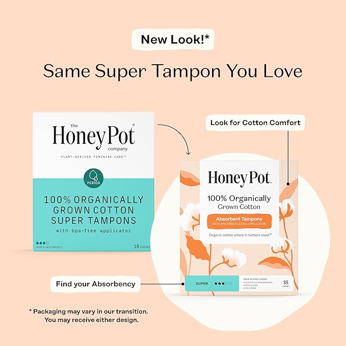 The Honey Pot Company - Super Absorbency - 100% Organic Cotton Core Tampons w/Bio Plastic Applicator - Feminine Care – Unscented - 54 Count (3 Packs of 18)