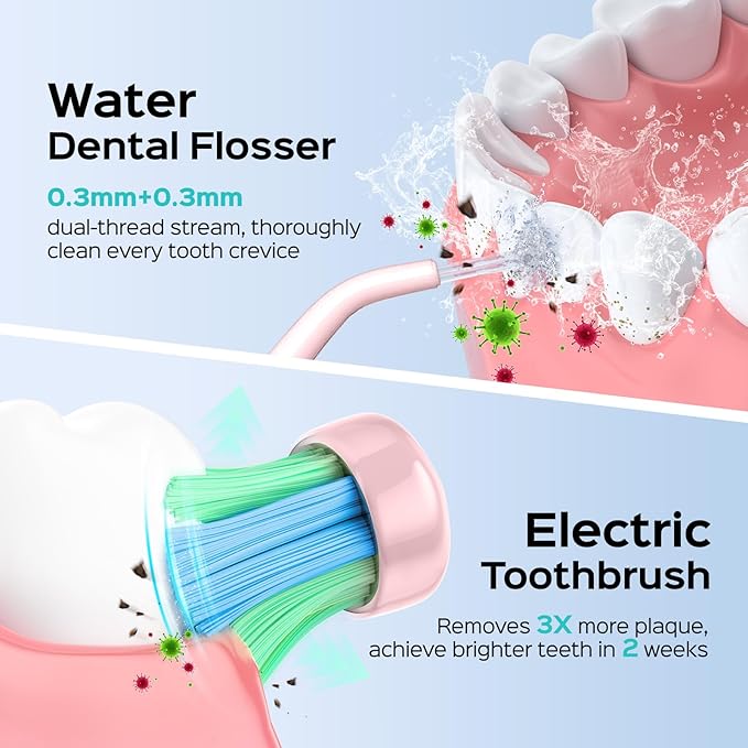COSLUS C20 &amp C41 Portable Water Flosser with Electric Toothbrush Combo: 2-in-1 Oral Clean Kit for Teeth Braces Gums Care - Brushing &amp Flossing for Adults Family Travel Use BPA-Free Pink