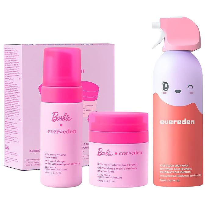 Evereden Happy Face DUO Barbie Edition &amp Cloud Body Wash Coconut Splash Set: Multi-Vitamin Kids Face Wash &amp Cream Fun Foamy Toddler Body Wash &amp Barbie Gift Bundle - Gentle Clean &amp