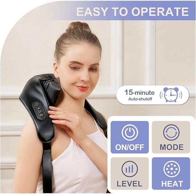 Cordless Neck and Shoulder Massager with Heat Electric Deep Tissue Kneading for Back Pain Hands-Free Shiatsu Massage Pillow Portable for Home Office Travel