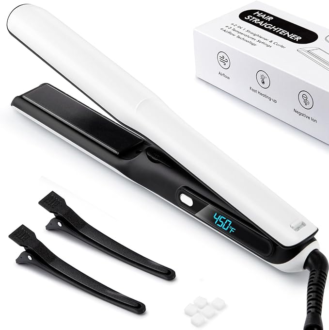 2 in 1 Professional Hair Straightener &amp Curler Titanium Plates with Cool Air Fan 3 Temp Settings (355℉-450℉) Negative Ion for Curly/Thick Hair Essential Oil Diffuser Clips &amp Aromatherapy