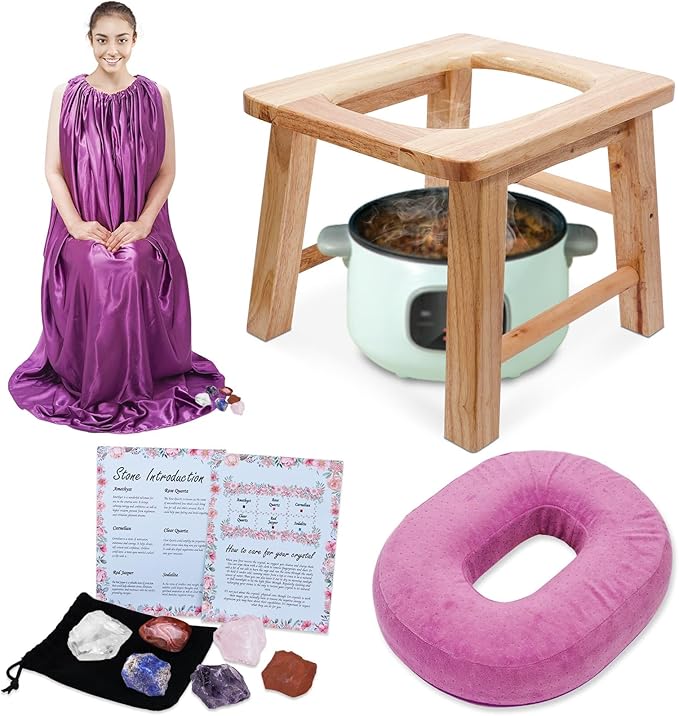 Garybank V Steam Kit with Healing Crystal Yoni Seat with Crystals &amp Stones for Women V Steam at Home Kit Vaginial Detox &amp Postpartum Care Vaginal Steaming Chair Gown &amp Cushion (No Ste