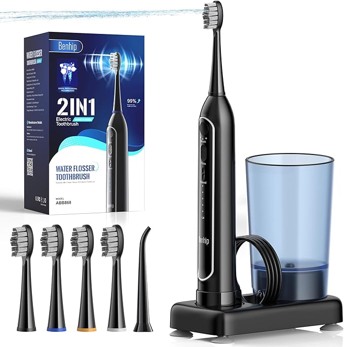 Electric Toothbrush with Water Flosser Combo for Teeth Brushing &amp Flossing Sonic Electric Toothbrush for Adults Cordless Water Flosser for Home &amp Travel Portable Travel Case Included
