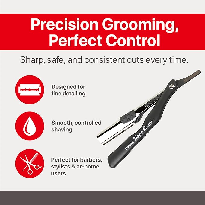 Feather - Nape and Body Razor Kit – Professional Use Hair Cutting Tool - Includes Nape Razor 10 Nape Blades &amp 2 oz Blade Glide – Ideal for Nape Sideburns Eyebrows and Bikini Line – Made in Jap