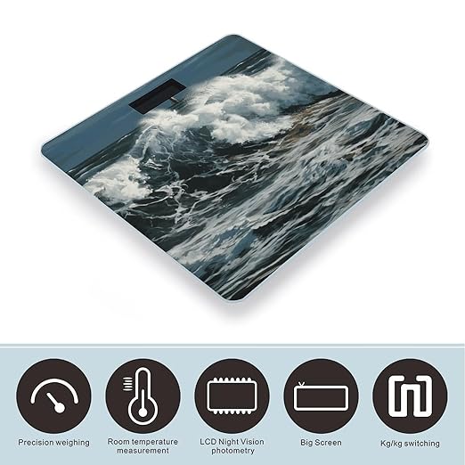 The Sea Waves Scale with LCD Easy-to-Read Anti-Slip Weight Digital Bathroom Scale Precision Weighing Scales Sturdy Tempered Glass Body Weight Scales for Daily Use