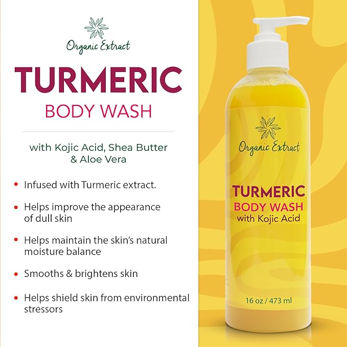 Turmeric Kojic Acid Body Wash – 16 fl oz / 473ml – Skin Brightening Shower Gel for Deep Gentle Moisturizer Helps to Remove Dark Spot with Shea Butter &amp Aloe Vera