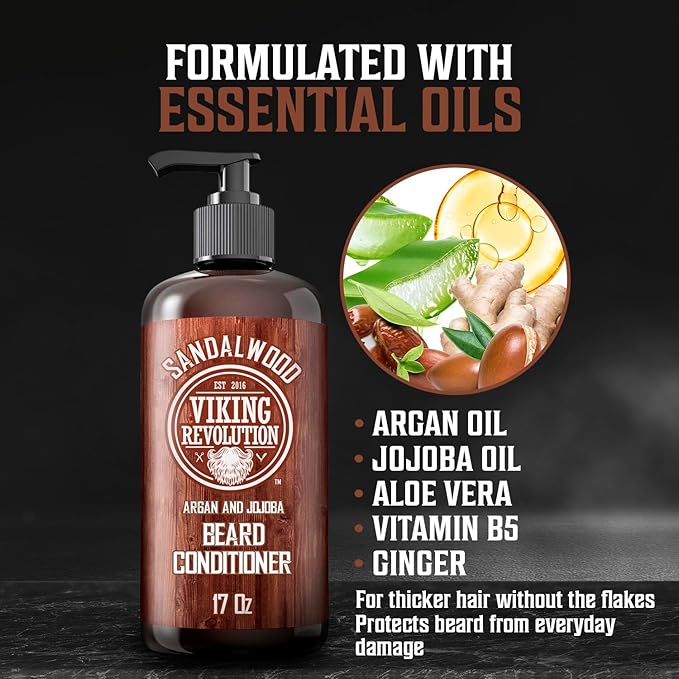 Viking Revolution Beard Conditioner w/Argan &amp Jojoba Oils - Softens &amp Strengthens - Sandalwood Scent - Beard Conditioner w/Beard Oil (17oz Conditioner)