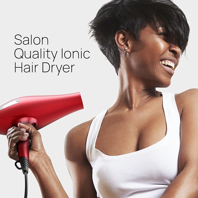 TREZORO Professional Hair Dryer Ionic Ceramic Tourmaline Technology 2000W Fast Quiet Drying with Narrow &amp Wide Concentrator Nozzles 3 Heat &amp 2 Speed Settings Cool Shot Button Red