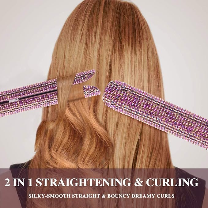 Hair Straightener Titanium Flat Iron with Gorgeous Rhinestone Bling Crystal Diamond 2 in 1 Hair Straightener and Curler 60 Min Auto Shut Off LCD Temp Display Range from 120°F to 470°F(Rose Pink)