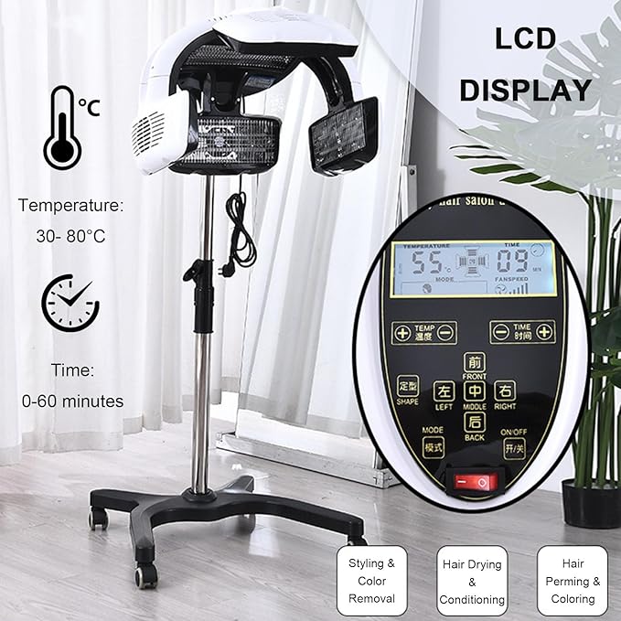 Standing Salon Hair Dryers with Wheels for Salon and Hair Color Processor with Adjustable Height 51-61in Professional Equipment for Beauty Barber Shop Perm Color Heater Hair Care