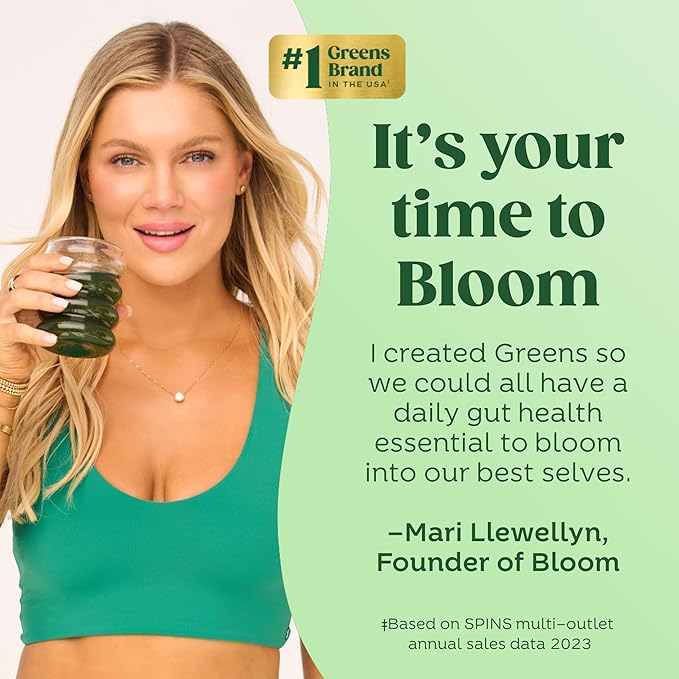 Bloom Nutrition Superfood Greens Powder Stick Packs Digestive Enzymes with Probiotics and Prebiotics Gut Health Bloating Relief for Women Chlorella Green Juice Mix 18 SVG Tropical Variety