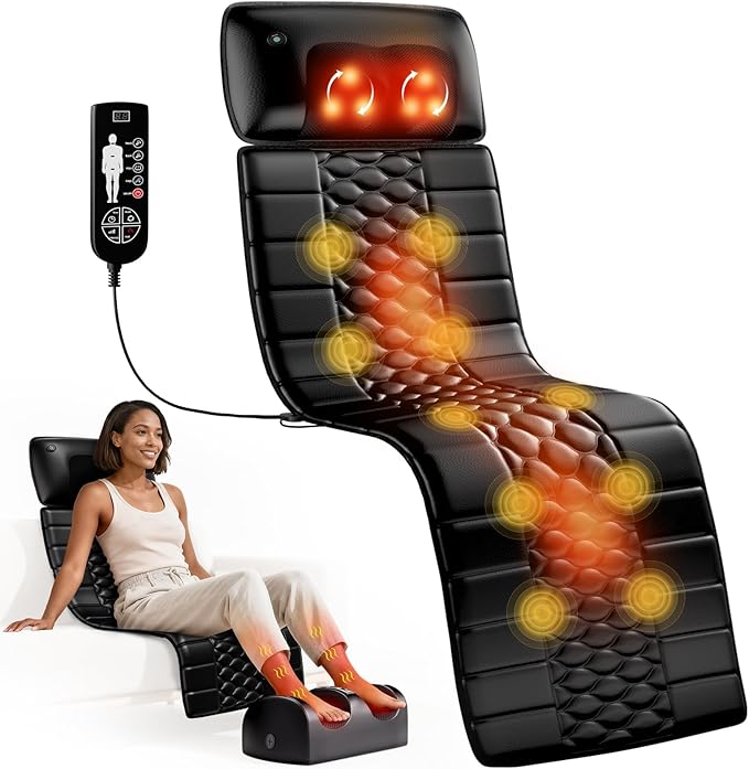 Shiatsu Full Body Massage Mat with Heat Detachable Massager Pad 10 Vibrating Motors 9 Intensity Levels Deep Tissue Pain Relief for Back Neck &amp Legs – Relaxation at Home or Office