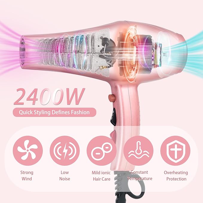 Ionic Hair Dryer2400W Negative Ion Low Noise Hair Dryer Professional Fast Drying Hair Dryers with 2 Speeds 3 Heat Settings Cooling Buttonwith Diffuser for Curly and Straight Hair（Sakura Pink）