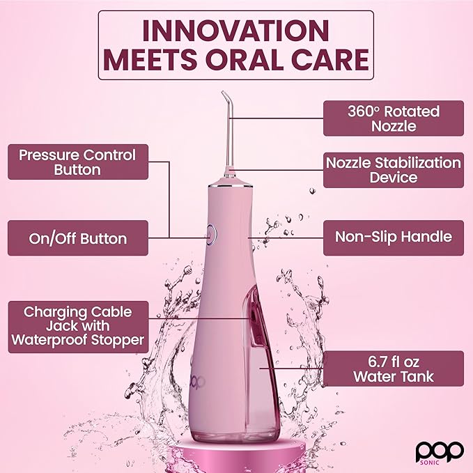 Pop Sonic Typhoon Water Flosser (Pink) Includes 4-Tip Portable Water Teeth Cleaner Picks Rechargeable Water Dental Picks for Cleaning w/ 3 Speeds IPX7 Waterproof Water Dental Flosser