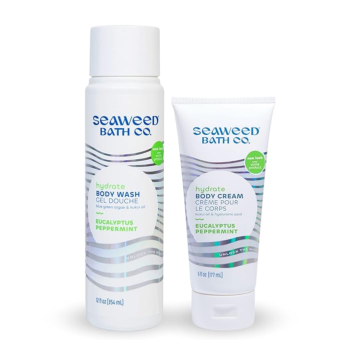 Seaweed Bath Co. Body Wash and Body Cream Duo 12 Ounce 6 Ounce Eucalyptus Peppermint Scent Sustainably Harvested Seaweed