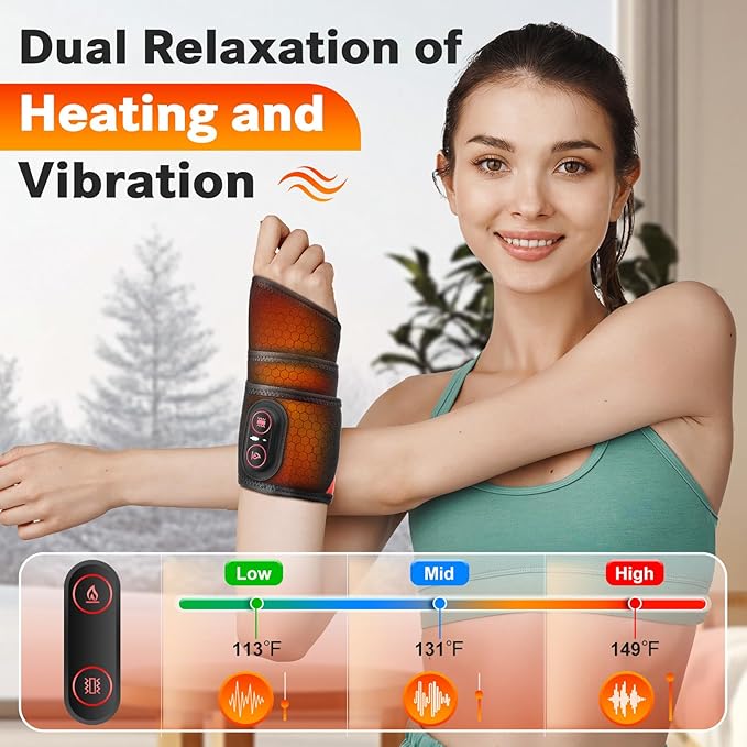 Cordless Wrist Heating Pad Wrap with Vibration Rechargeable Heated Wrist Brace for Hand Pain Relief Red Light Heating Pad for Women and Men Wrist Hand Arm Leg Ankle