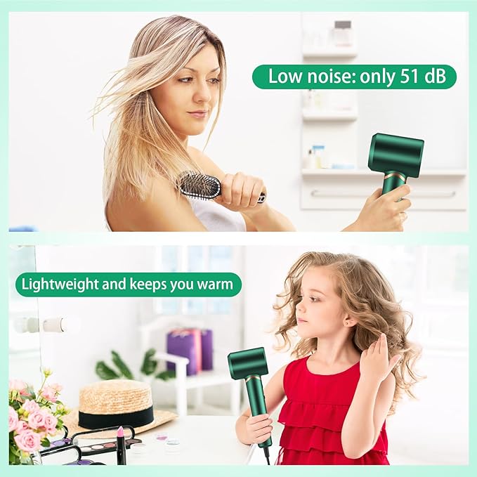 Hair Dryer Negative Ionic Blow Dryer for Fast DryingLow NoiseThermo Control Hair Dryer 2 Speed and 3 Heat SettingsCold Air Button with 1 Diffuser 110000 RPM High Speed Brushless Motor (Green)