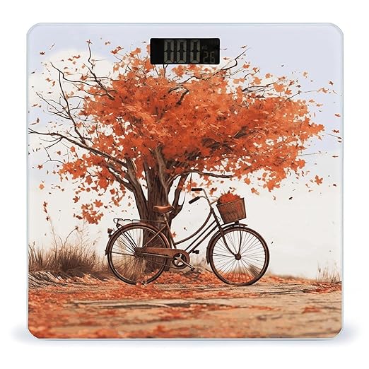 Autumn Tree with Aged Old Bike Scale for Body Weight Anti-Slip Sturdy Tempered Glass Weighing Machine Highly Digital Accurate Bright LCD Bathroom Scale for Household Gift