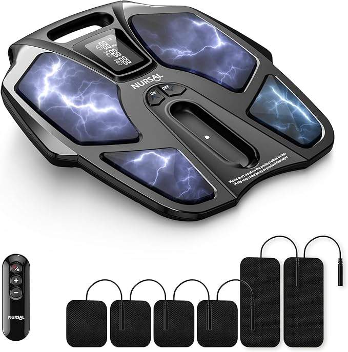 NURSAL EMS Foot Massager for Neuropathy Electric Muscle Stimulator for Feet &amp Legs Circulation TENS Unit for Feet with 6 Reusable Pads Wireless Remote with 90 Adjustable Intensity Levels
