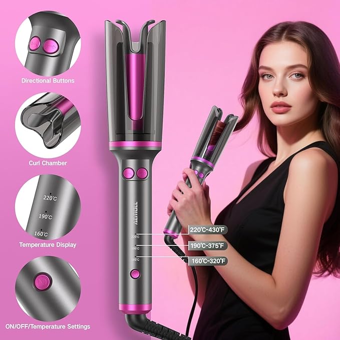 Automatic Rotating Curling Iron Beach Waves Curling Wand Portable Hair Curler 500 Million Ionic Dual Voltage &amp Lightweight for Travel Ceramic Coating 1 Inch Metallic Gray