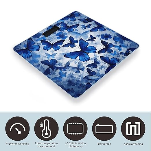 Blue Butterflies Scale for Body Weight Safe Rounded Corners Tempered Glass Digital Bathroom Scale LED Display 400lb Capacity Weight Scales with High Precision Sensors