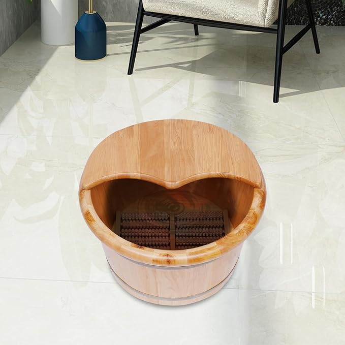 Wooden Foot Bath Barrel Foot Tub with Massager and Lid 9-Inch Deep Basin for Comfort and Relaxation Pedicure Barrel for Foot Bath Soak Massage Spa