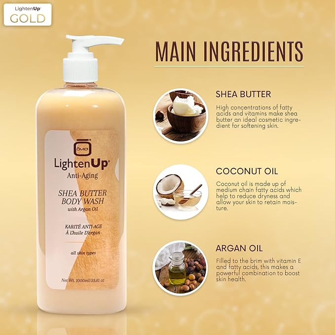 Omic LightenUp Anti-Aging Body Wash - 33.8 fl oz / 1000ml - Formulated to Bright and Soften Skin with Argan Oil and Shea Butter (Pack of 2)