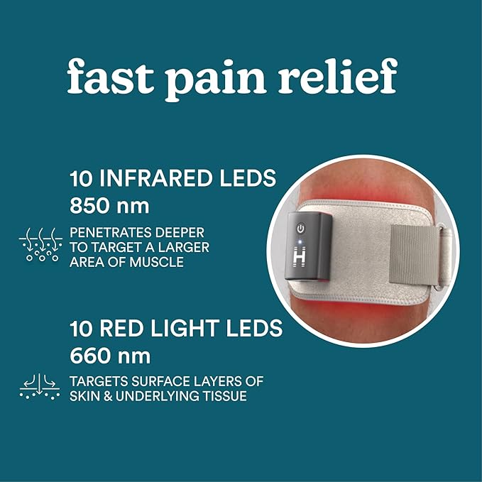 Homedics Wireless Infrared + Red Light Pain Therapy Wrap – Portable 850 nm Infrared &amp 660 nm Red Light LEDs Adjustable Strap Rechargeable Battery Targeted Muscle &amp Joint Relief