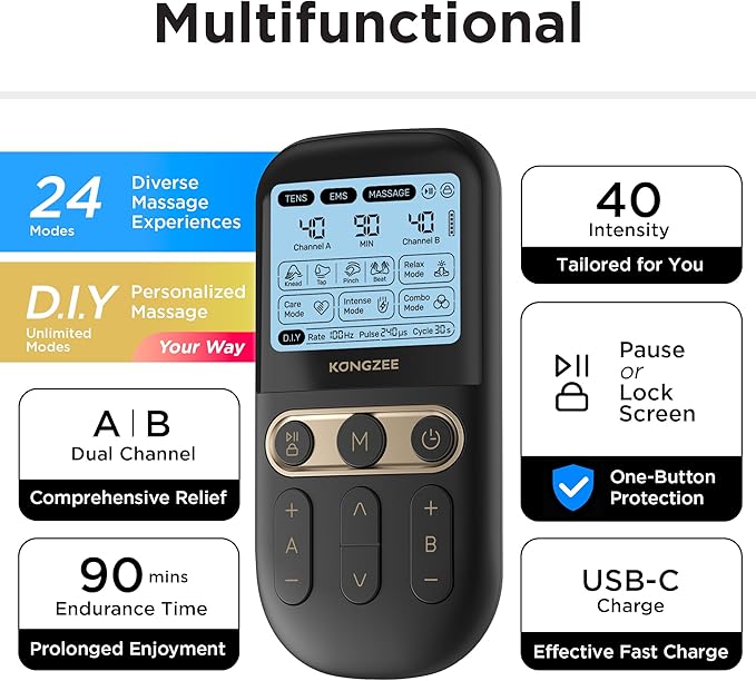 4 in 1 - D.I.Y &amp Tens Unit &amp EMS &amp Massage Muscle Stimulator Dual Channel TENS Units Therapy Machine for Pain Relief FDA Cleared Rechargeable Electronic Pulse Massagerwith 12pcs Electro