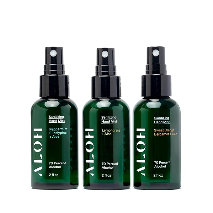 ALŌH Hand Sanitizer Spray Liquid 3-pack | Variety Pack | 70% Alcohol Hydrating Hand Sanitizer Spray with Essential Oil for Kids &amp Adults | 2oz Travel Size Bottle (Set of 3)