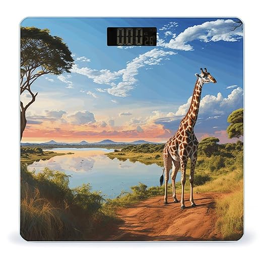 African Landscape with Nile River and Giraffe Scale for Body Weight Anti-Slip Tempered Glass Digital Bathroom Scales Clear LCD Display Weighing Scale Safe Rounded Corners Smart Scales