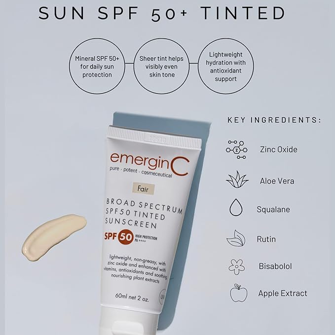 emerginC Broad Spectrum SPF 50 Tinted Mineral Sunscreen for Face (Fair) - Mineral Based Tinted SPF &amp Moisturizer with UVA/UVB Protection - Lightweight Non-Greasy - With Aloe Vera &amp Zinc Oxide