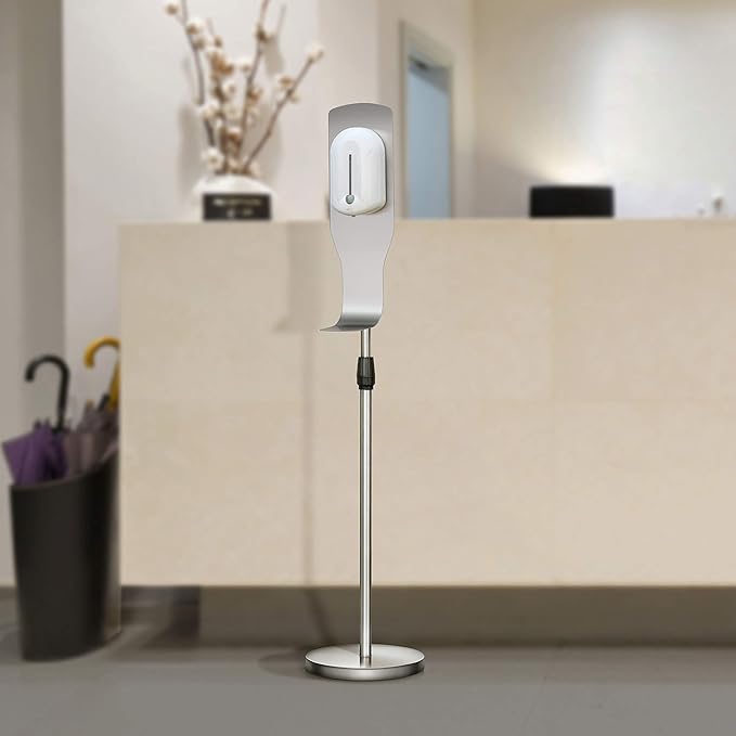New Star Foodservice 1028881 Freestanding Adjustable Floor Stand for Hand Sanitizer Dispenser with Drip Tray and Weighted Base Customizable Stainless Steel Round Base