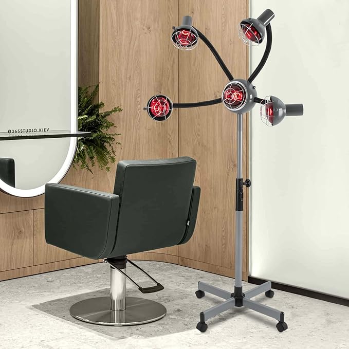5 Head Infrared Heat Lamp Salon 750W Hair Color Processor Infrared Red Light with Rolling Wheels Adjusting Height Hair Salon Heat Lamps for Processing Silver-Grey