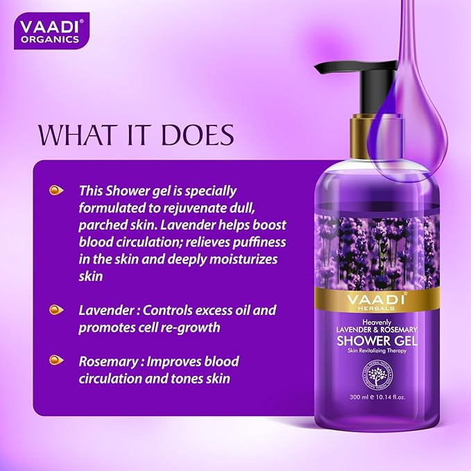 Vaadi Herbals Shower Gel - Sulfate-Free - Herbal Body Wash Both For Men And Women - 300 Ml (10.14 Fl Oz) - (Heavenly Lavender &amp Rosemary) (2 Bottles)