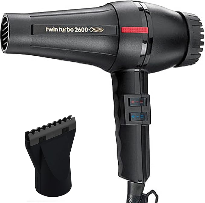 Turbo Power Twin Turbo 2600 Black Hair Dryer + M Hair Designs Hot Blow Attachment (Bundle) – High-Speed Professional Blow Dryer for Fast Drying &amp Precise Styling