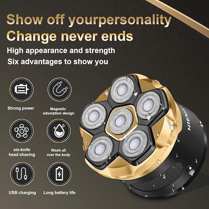 HIENA PRO Head Shaver for Bald Men - 6D Magnetic Rotating Shaver Rechargeable Bald Head Razor Kit Waterproof Electric Razor with LED Display (Gold)